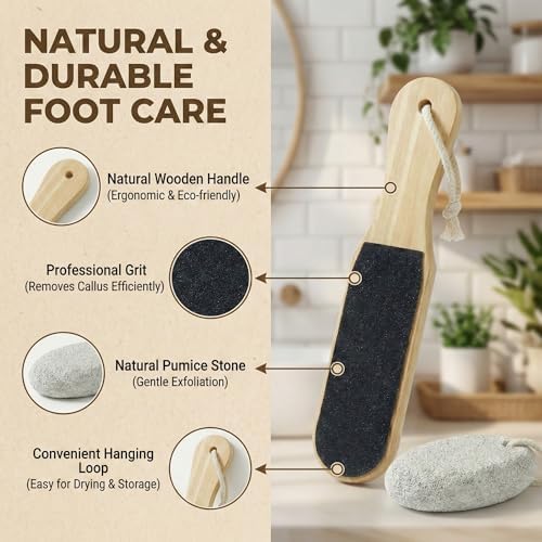 2-Piece Foot File and Pumice Stone Set, Wooden Callus Remover for Feet, Pedicure Tools for Removing Dead Skin & Hard Heels
