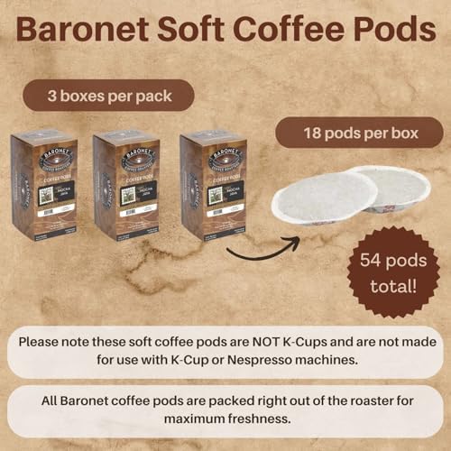 Baronet Coffee Pods [Mocha Java-54 Pods] Flavored Single Cup Use, Like Senseo, [3 Boxes of 18 Single Serve 10 Gram] Regular Strength, Medium Roast [Mocha Java]