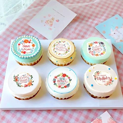 56 Pcs Edible Cupcake Toppers with Floral Decorations for Mother's Day, Mom's Birthday, and Best Mom Ever Celebrations (Mother's Day Round)
