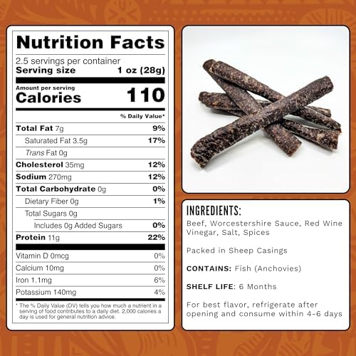 Baya Biltong Droewors South African Air-Dried Beef Sticks, High Protein, Zero Added Sugar, No Preservatives, Family Recipe | 2.5 oz (Snack Pack)