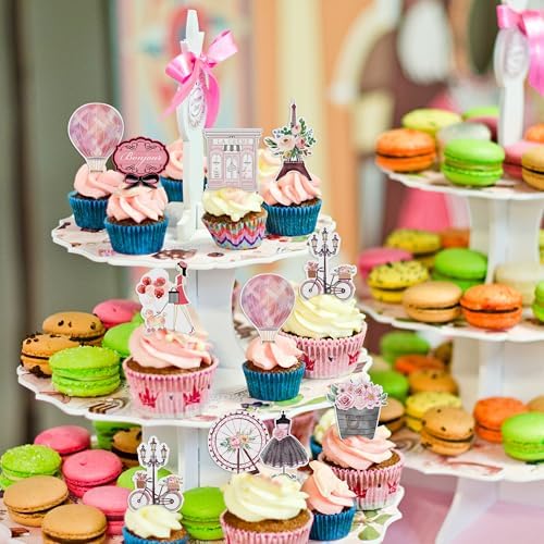 Ercadio 45 Pack Edible Paris Party Cupcake Toppers Pink Paris Theme Cake Decoration Drink Topper Picks Eiffel Tower Balloon for Girls Birthday Romantic themes Party Decor Supplies