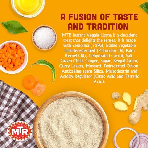 MTR 3minute Veggie Poha - Ready-to-Cook Mix - Authentic Indian Food in Just 3 Minutes - 100% Vegetarian - No Added Preservatives - Just Add Hot Water - Quick & Easy ((Veggie Upma Cup - 80g, Pack of 1)