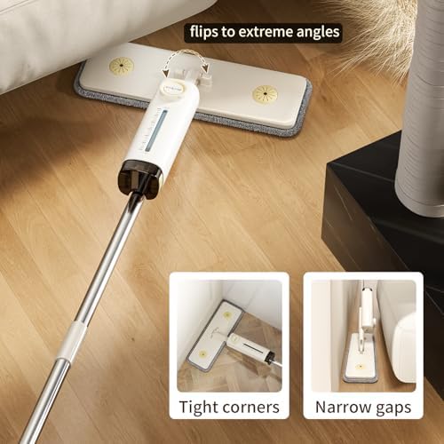 2 in 1 Wet Dry Spray Mop for Floor Cleaning, Swivel Flat Long Handle Trapeador with Washable Reusable Pads & Refillable Bottle, Lightweight for Hardwood, Laminate, Vinyl, Tile, Marble, Cream White