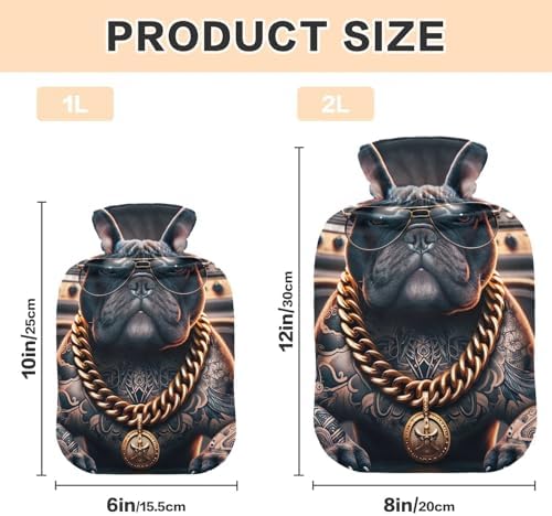 Dog with Sunglasses and Big Gold Hot Water Bottle with Soft Velvet Cover Warm Water Heat Bottles for Menstrual Cramps Pain Relief, 2 Liters