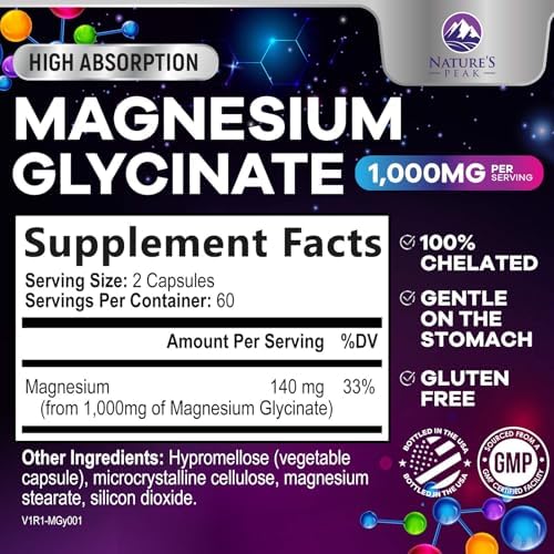 Magnesium Glycinate 1000mg Per Serving Capsules - Pure & Chelated for Max Absorption - Supports Muscle, Nerve & Heart Health, Sleep Support - Magnesium Supplement for Whole Body Support - 120 Capsules