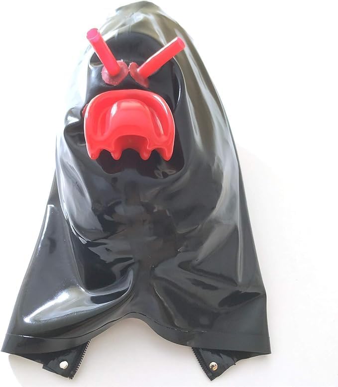 Black Latex Hood with Inner Red Mouth Teeth Gag and Nose Nasal Tubes Back Zipper Rubber Mask Club Wear 0.4mm Thick