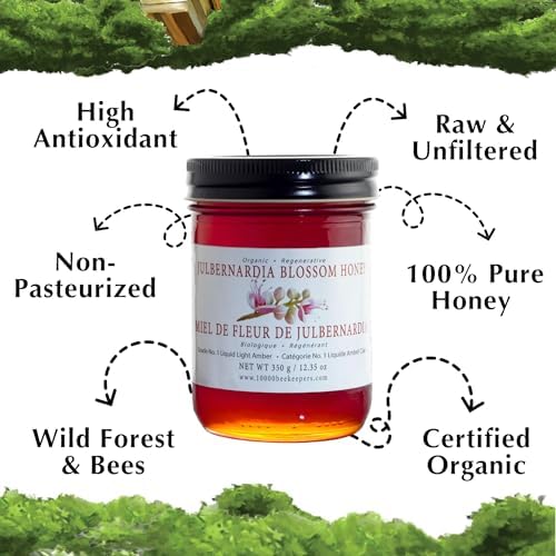Julbernardia Blossom Organic Raw Honey in Glass Jar, Raw Organic Honey Extracted from Wild Honeycombs in Zambia Woodlands, Unpasteurized Miel de Abeja Organica, 12.35oz