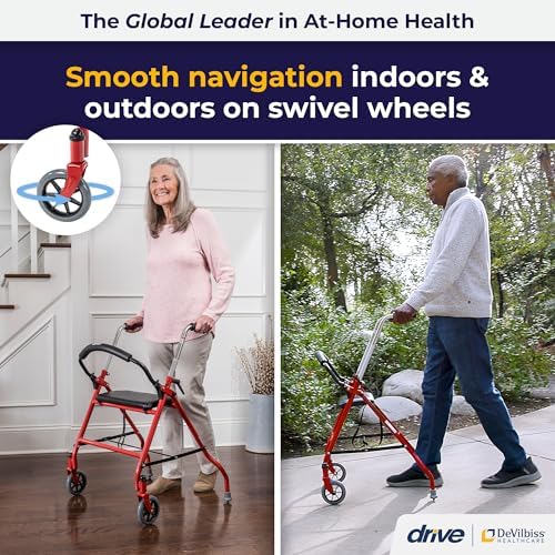 Drive Medical 1239RD Foldable Rollator Walker with Seat, Red, 1 Count (Pack of 1)