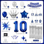 10th Birthday Decorations, Blue and Silver Happy Birthday Decorations for Boys Girls, Navy Blue 10th Birthday Party Packs with Banner Balloons Silver Fringe Curtains Foil Balloons