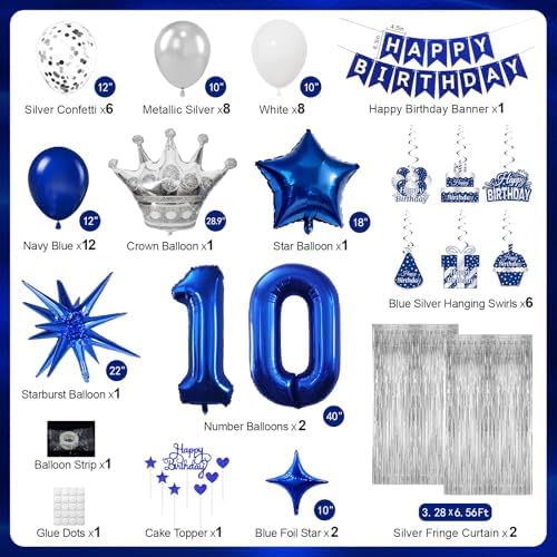 10th Birthday Decorations, Blue and Silver Happy Birthday Decorations for Boys Girls, Navy Blue 10th Birthday Party Packs with Banner Balloons Silver Fringe Curtains Foil Balloons