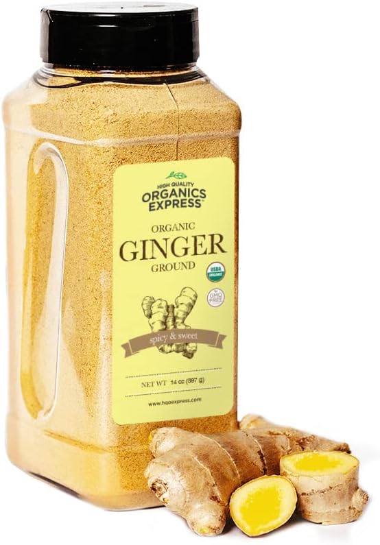 HQOExpress Organic Ground Ginger – Non GMO, Kosher, USDA Certified Organic Ginger Powder – Hot and Spicy Aromatic Seasoning for Baking, Rubs, Marinades and Smoothies, 14 oz. Chef Jar