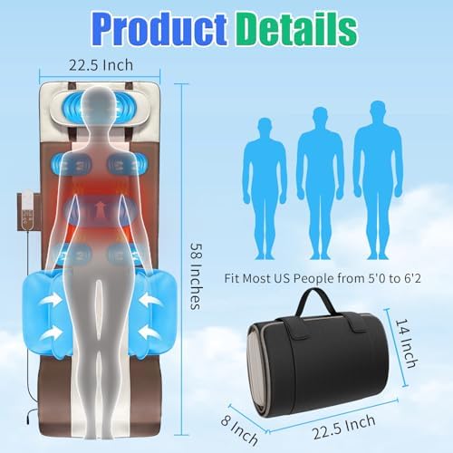 Full Body Massage Mat, 3D Body Stretching Back Massager with Heat, Lumbar Stretching & Neck Support for Bed Sofa Floor, 4 Modes 3 Intensities, Portable & Foldable, PU Leather, Gifts for Mom Dad