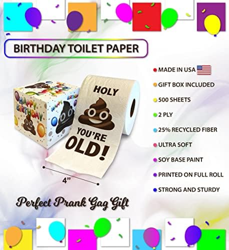 Printed TP Birthday Gift Toilet Paper - Holy You're Old Bday Party Funny Birthday Gag Gift Joke Toilet Paper Prank, Novelty Unique Happy Birthday Presents for Men, Women, Friends - 500 Sheets