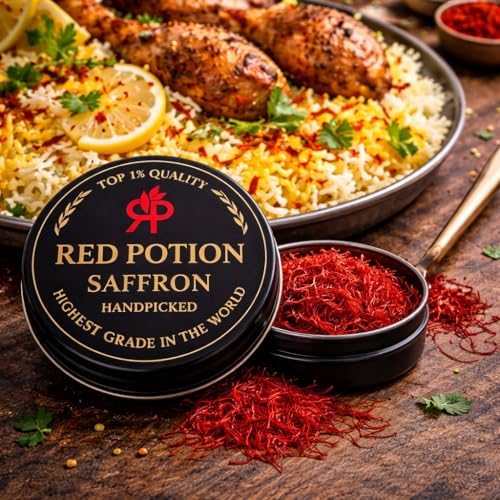 Red Potion Saffron, Kashmiri Premium Saffron Threads, Grade AAA+ Super Negin, Non-GMO. For Tea, Paella, Rice, Desserts, Golden Milk, and Risotto (2 Grams)