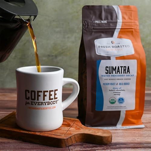 Fresh Roasted Coffee, Organic Sumatra Water-Processed Decaf Drip Ground Coffee, Medium Roast, USDA Organic, 100% Single Origin, Kosher, 12 oz