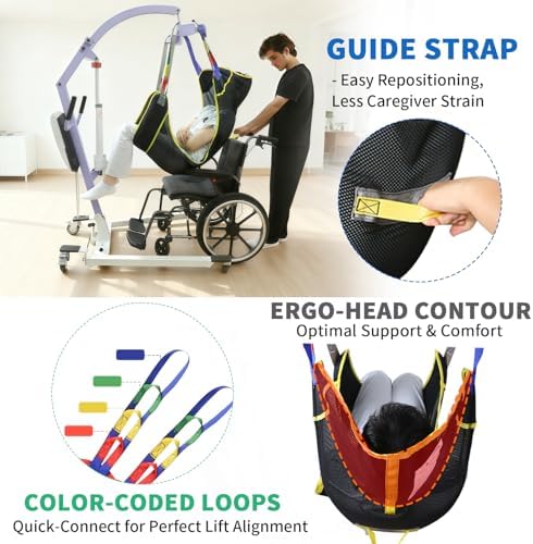500lbs Full Body Patient Lift Sling – Heavy Duty Mesh Transfer Sling for Wheelchair,Toilet,Shower Breathable Sling with Wide Padding & Color-Coded Loops(L)