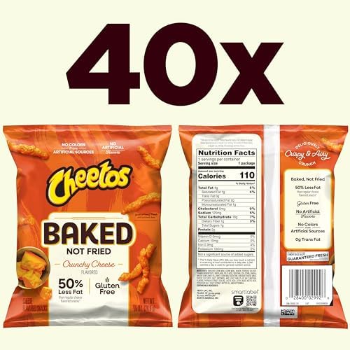 Baked Cheetos Crunchy Cheese Flavored Snacks, 0.875 oz Bags, (40 Pack), 50% Less Fat, Gluten Free, No Artificial Flavors & Colors, Packaging and Formula May Vary