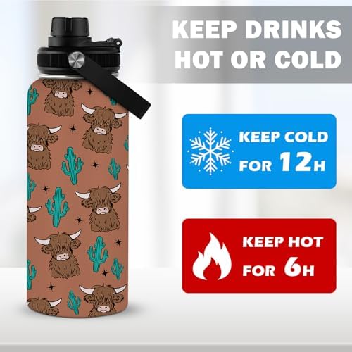 Highland Cow Water Bottle 32 Oz, Gifts For Cowgirls, Western Highland Cow Tumbler, Western Cows Gifts For Cowgirl Women, Yak Cows Insulated Stainless Steel Coffee Cup