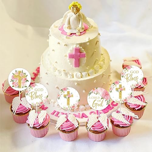 Cheereveal 36 PCS Baptism Cupcake Toppers Pink Gold, God Bless Cross Cupcake Picks First Holy Communion Christening Cupcake Decorations, Christian Religious Baby Shower Birthday Party Supplies