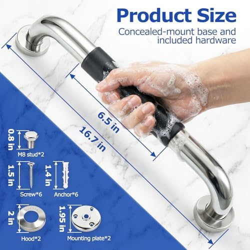 16.7 Inch Shower Grab Bars for Bathroom, Anti-Slip Knurled Surface Safety Support Rail, 304 Stainless Steel Heavy Duty Handrail for Seniors, Wall Mounted Balance Assist for Tub & Toilet