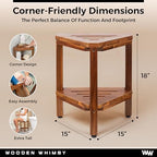 Teak Corner Shower Bench with Matching Soap Holder - Sturdy Waterproof Bathroom Stool Chair with Storage Shelf for Bathing Supplies - Bath Seat and Foot Rest for Shaving Legs - 15" x 15" x 18"