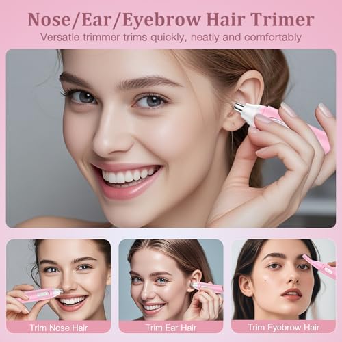 Nose Hair Trimmer for Women Rechargeable :2024 Upgrade 2 in 1 Nose Trimmer for Women, Painless Eyebrow & Facial Hair Trimmer- Dual-Edge Blades, IPX7 Waterproof, Portable for Easy Cleansing, Pink