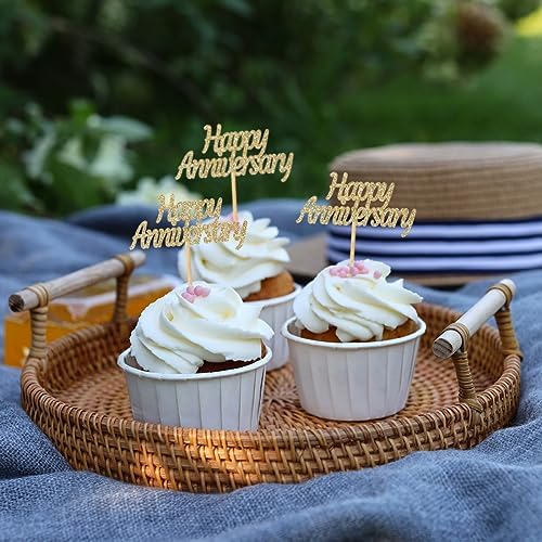 48 Pcs Light Gold Glitter Happy Anniversary Cupcake Toppers Picks for Wedding Anniversary Party Cake Decorations