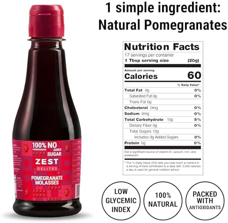 Pomegranate Molasses by Zest Delites, No Sugar Added, 100% Natural Mediterranean Pomegranate Syrup for Salads, Meats, Drinks and Desserts, No Additives, Vegan, Gluten Free, 12 oz