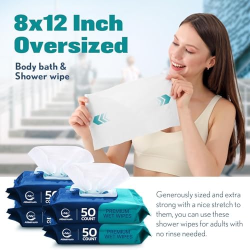 Body Wipes for Adults Bathing No Rinse - Adult Wipes for Elderly 8" x 12" (200 count) Shower No Rinse, Incontinence Disposable Washcloths, Aloe Vera, Vitamin E + 4 individual Packs