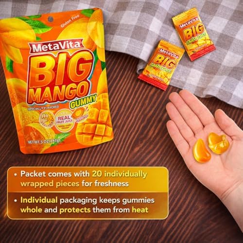 (3 Packs 1LB) MetaVita - Big Peelable Mango Gummy Candy –Individually Wrapped with Real Puree – Chewy Mango Peeling Candy, Gluten-Free