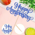 1 PCS Happy Anniversary Cake Topper Glitter Happy Anniversary Decorations Wedding Anniversary Cake Pick Decoration for Baby Shower Birthday Wedding Anniversary Party Cake Decoration Supplies Dark Blue