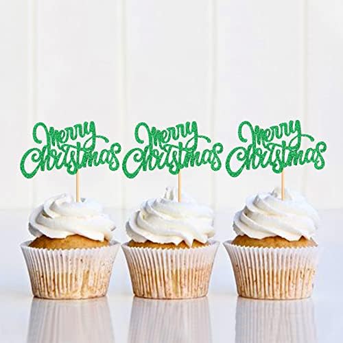 24 Pack Merry Christmas Cupcake Toppers Christmas Cupcake Picks Xmas Holiday Cupcake Toppers for Christmas Gift Party Cake Decorations Supplies Green