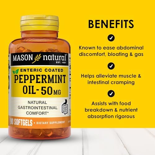 MASON NATURAL Peppermint Oil 50 mg Enteric Coated Supplement, 90 Day Supply of Gastrointestinal Support for Normally Functioning Bowel, Softgel Pills