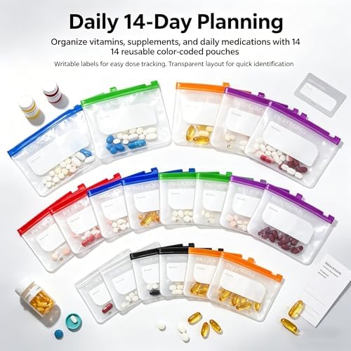 Waterproof Pill Pouch Set-14Pcs Bags Inside, Reusable BPA-Free Medicine Storage Weekly Medicine Organizer, Holder Daily Container with Labels Self-Sealing Design for Travel Purse Use(Blue,14Pcs Set)