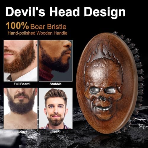 Eagle Fortress Boar Bristle Hair Brush for Men Hair Care - Beard Brush, Mustache Brush with Skull on Wooden Handle, Grooming & Styling Tool for Men, Travel Size