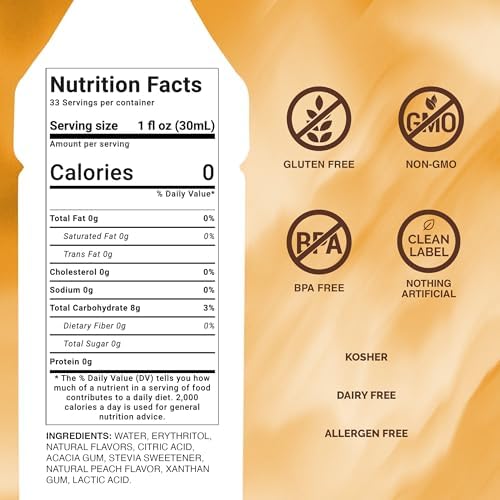Monin - Zero Calorie Natural Peach Syrup, Fresh and Juicy Flavors, Great for Iced Teas, Lemonades, and Sodas, Non-GMO, Gluten-Free (1 Liter)