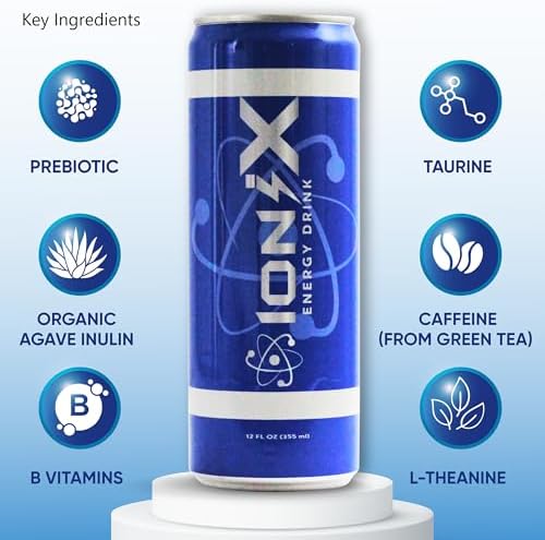 Nootropic Energy Drink - ionix Nootropic Drink to Boost Focus and Mood with Natural Green Tea Caffeine, Vitamins & Prebiotic for Gut Health, Pure Cane Sugar & L-Theanine - 12 fl oz Cans (Pack of 12)