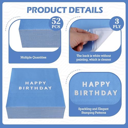 Vuzvuv 52 Pack Silver Foil Happy Birthday Cocktail Napkins - Birthday Party Dinner Hand Napkin for Party Supplies Decorations Table Decor for women man(5" Folded 3 Ply-Navy Blue)