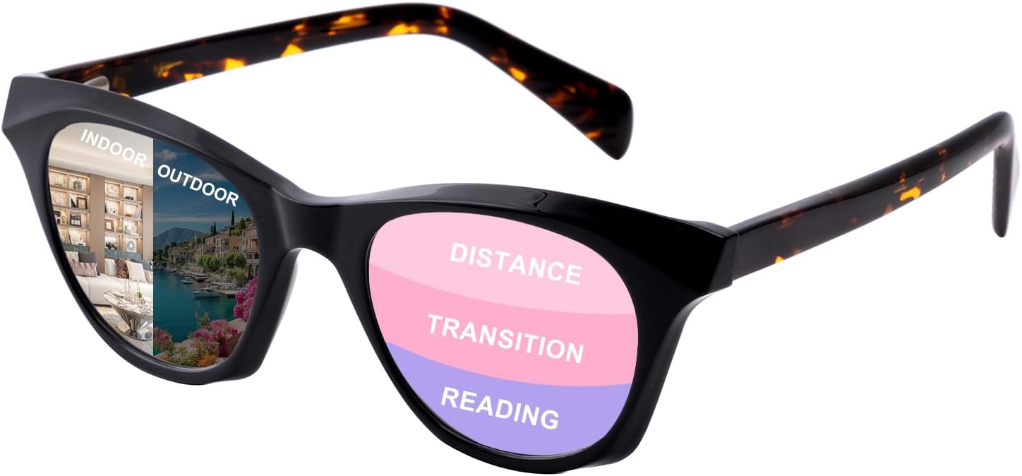 Cat-Eye Photochromic Progressive Readers for Women, TR90 Multifocal Glasses with Blue Light Blocking & Spring Hinge