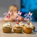 Ercadio 24Pcs Number 21 Cupcake Toppers Glitter Pink Bow Twenty-One Cupcake Picks for Pink Girls 21st Birthday Party Sweet Happy 21st Birthday Cake Decorations Supplies