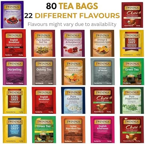 Twinings Tea Sampler Collection – 80 Tea Bags, 22 Flavours/Assorted Tea, Gift Set in Decorative MDF Box – Wooden Organizer Tea Chest Included – Ideal for Home, Office, Family & Friends (White MDF Box)