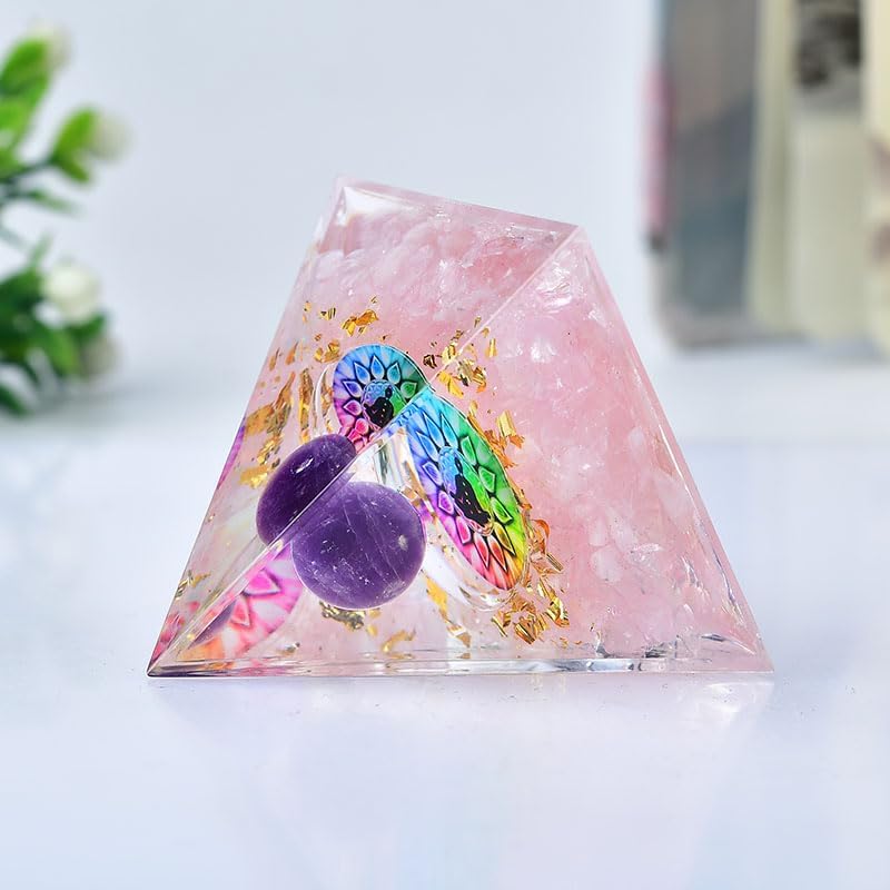 1.969in Rose Quartz Orgone Pyramid with Amethyst Sphere, Chakra Design & Gold Flakes - Crystal Energy Healing Spiritual Home Decor