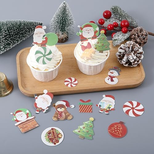 YOcity 60Pcs Edible Christmas Cake Decorations– Wafer Paper Christmas Cupcake Toppers Cartoon figurine ornaments Set,Santa,Reindeer,Snowman Cake Decoration and Xmas Party Miniature Supplies