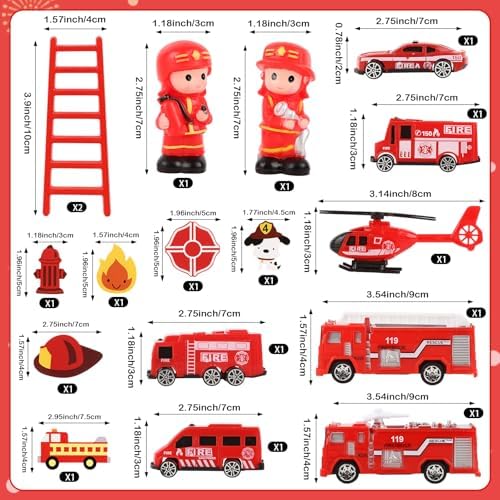 Hooqict 17 Pieces Fire Truck Cake Decorations Set with Mini Firetruck Firefighter Fire Engine Birthday Cake Toppers & Cupcake Toppers for Fireman Fire Truck Birthday Party Decorations Supplies