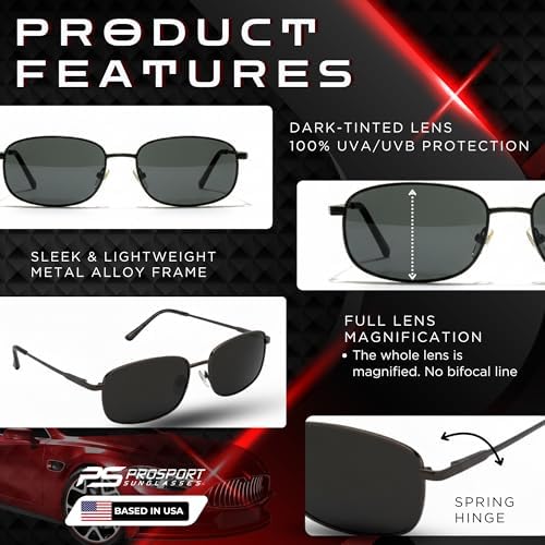 proSPORT Full Lens Sun Readers for Men Women, Non Bifocal Reading Sunglasses, Rectangle Metal Frame Smoke Lens +1.00–+3.50