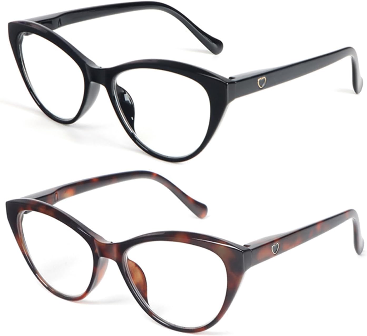 KoKoBin Cat Eye Reading Glasses for Women 2 Pairs Readers Spring Hinge With Cute Heart Frame