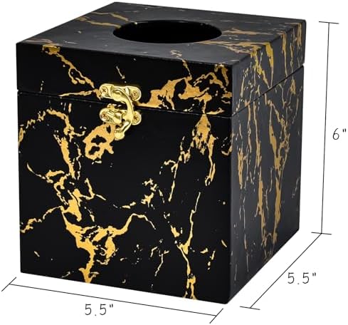 Black and Gold Marble Tissue Box Cover for Kleenex Box, Modern Elegant Tissue Box Holder with Lock for Bathroom, Bedroom, and Living Room, Square Shape Toilet Tissue Holder Organizer
