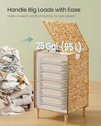 SONGMICS Laundry Hamper, 25 Gal. (95 L) Handwoven Water Hyacinth Wicker Laundry Basket with Lid, Natural Material, Removable Machine Washable Liner, Handles, Natural ULCB201Y01