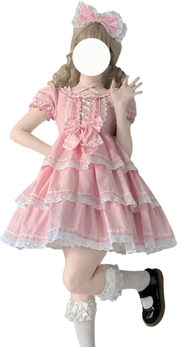 Sweet Lolita Dress Teens Kawaii Puff Sleeve Lace Tiered Ruffle Princess Japanese Anime Cosplay Party Dresses