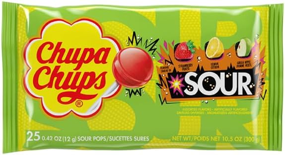 Chupa Chups SOUR Lollipops, VarietyPack, Lemon, Strawbery & Apple Flavored, Individually Wrapped Bulk Sour Candy Suckers for Adults & Kids, Bag of 25 (Pack of 2)